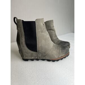 Sorel Lea‎ Comfort Waterproof Gray Leather Nubuck Wedge Chelsea Booties Sz 5.5